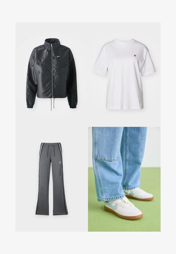 Juoda trumpa striukė su aukštu coloru, užtrauktuku, elastaniniu rankogaliu ir balta Nike logotipu. Lygus, blizgus audinys su šiek tiek tekstūruotu paviršiumi.; Balta medvilnė marškinėliai su laisvu sijonu, trumpomis rankovėmis ir maža siuvinėta logo kairėje krūtinės pusėje.; Pilkos sportinės kelnės su raišteliu juosmens srityje, šoninėmis juostelėmis ir mažu logotipu. Pagamintos iš minkštos medžiagos, turi plačius kojų kirpimus ir lygią tekstūrą.; Balti sportbačiai su šviesiai mėlynais akcentais, tekstūruota tinklelio viršutinė dalis ir šviesiai ruda guma, derinami su laisvomis šviesiai mėlynomis džinsomis.