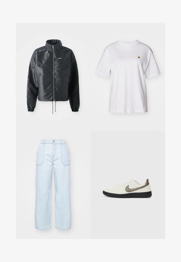 Casaco preto curto com colarinho alto, fecho de zip, punhos em elastano e um logótipo Nike branco. Tecido suave e brilhante com uma superfície ligeiramente texturizada.; T-shirt branca de algodão com um corte descontraído, mangas curtas e um pequeno logótipo bordado na área do peito esquerdo.; Jeans de perna larga azul claro feitos de denim, com fecho frontal por botão, dois bolsos laterais e detalhes de costura visíveis.; Nike Sportswear FIELD GENERAL - Sapatilhas - off-white/black