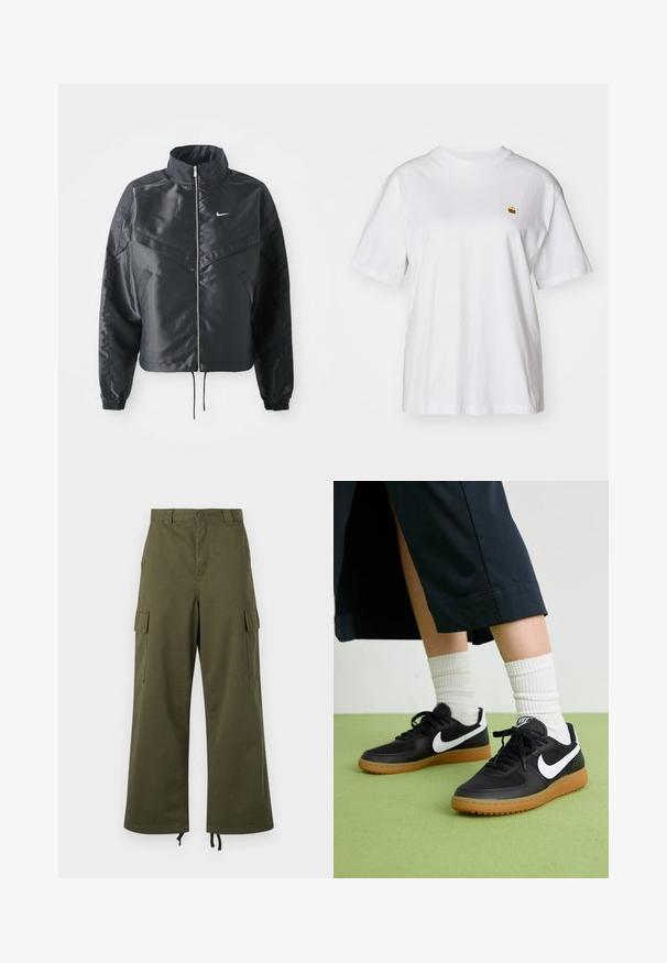 Zwarte cropped jack met hoge kraag, ritsluiting, elastische manchetten en een wit Nike-logo. Glad, glanzend materiaal met een licht gestructureerd oppervlak.; Witte katoenen t-shirt met een relaxte pasvorm, korte mouwen en een klein geborduurd logo op de linkerborst.; Olijfgroene cargobroek van katoen, met een hoge taille, wijde benen, zijvakken en verstelbare koordjes aan de onderkant.; Zwarte leren en synthetische sneakers met witte Nike swoosh, rubberen gumzool, ronde neus en zwarte veters. Geribbelde witte sokken zichtbaar.