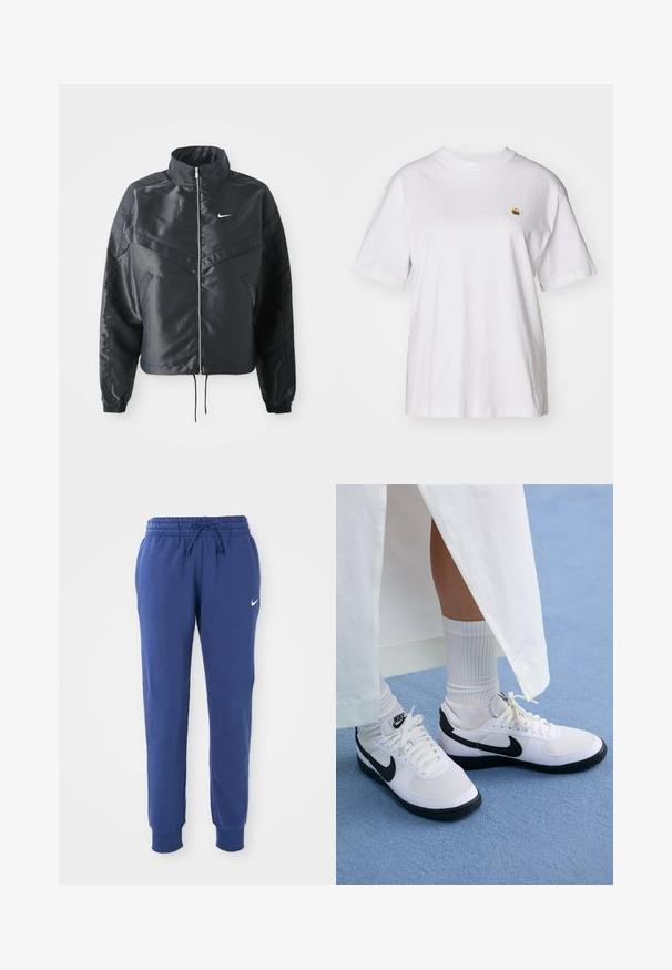 Crna kratka jakna s visokim ovratnikom, zatvaranjem na patentni zatvarač, elastinim rukavima i bijelim Nike logom. Glatka, sjajna tkanina s lagano teksturiranom površinom.; Bijela pamučna majica s opuštenim krojem, kratkim rukavima i malim izvezenim logom na lijevoj strani prsnog dela.; Plave Nike dukserice sa elastičnim pojasom, pertlom, suženim gležnjevima i belim Nike swoosh logotipom na levom butu.; Bijele Nike tenisice s crnim detaljima, sa glatkim gornjim dijelom od kože, bijelim vezicama i čvrstim gumenim potplatima, uparene s bijelim rebrastim čarapama.
