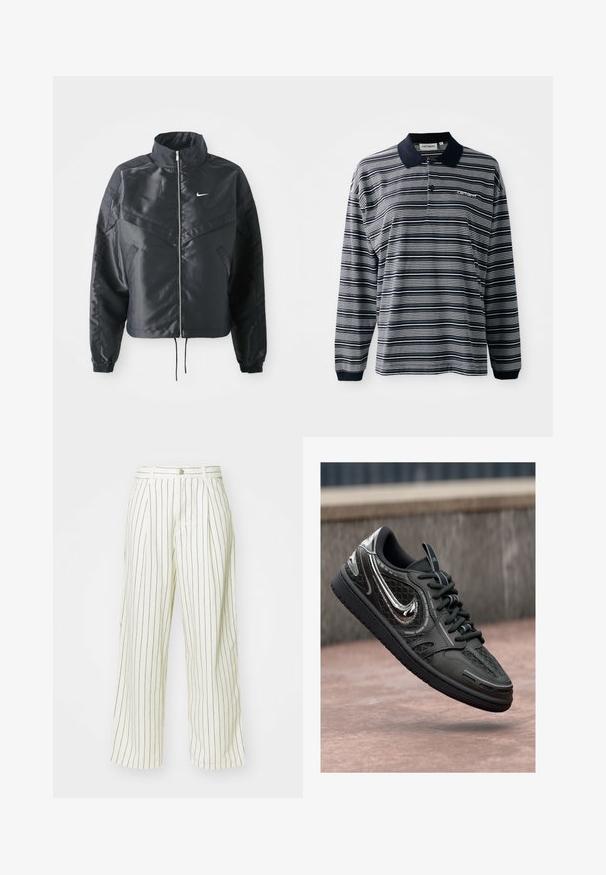 Chaqueta negra corta con cuello alto, cierre de cremallera, puños de elastano y un logo de Nike en blanco. Tejido suave y brillante con una superficie ligeramente texturizada.; Camisa polo de manga larga a rayas en navy y blanco, de tejido de algodón, con cuello, tapeta de tres botones y un pequeño logo bordado en el pecho.; Pantalones de pierna ancha en tela crema con rayas verticales marrones, que cuentan con un cierre de botón y pliegues en la parte delantera para un detalle de diseño adicional.; Zapatilla negra con superficie texturizada, acentos metálicos y patrón de malla. Presenta cordones tradicionales y una suela de goma lisa.