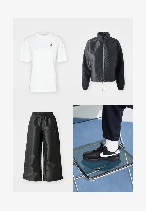 Schwarze, verkürzte Jacke mit hohem Kragen, Reißverschluss, Elastan-Ärmeln und einem weißen Nike-Logo. Glattes, glänzendes Material mit leicht strukturiertem Oberflächeneffekt.; Weißes Baumwoll-T-Shirt mit kurzen Ärmeln, Rundhalsausschnitt und kleinem schwarzem Jordan-Logo im oberen linken Brustbereich.; Schwarze Sporthose aus glänzendem, glattem Stoff, mit einem elastischen Bund, weitem Bein und einem kleinen Logo auf der linken Seite.; Schwarze Nike-Sneaker mit weißen Akzenten, die über eine glatte Ledertextur, ein Schnürdesign und eine abgerundete Zehenform verfügen, platziert auf einem Glasstuhl.