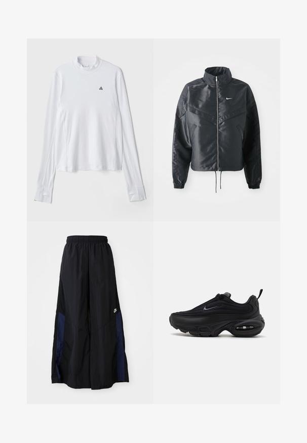 Mustat lyhyet takit, joissa on korkea kaulus, vetoketjukiinnitys, elastaanista valmistetut hihan suut ja valkoinen Nike-logo. Sileä, kiiltävä kangas, jossa on hieman tekstuuria.; Valkea pitkähihaane paita, jossa on korkea kaula-aukko, rinnan kohdalla pieni musta kolmiomainen logo ja teksturoitu kangas.; Musta leveälahkeinen housu, joka on valmistettu kevyestä kankaasta. Housuissa on tummansininen sivupaneeli ja joustava vyötärö. Alhaalla on pieni valkoinen logo.; Musta urheilukenkä, jossa on sileä, teksturoitu päällinen. Varustettu pyöreällä kärjellä, pehmustetulla nilkalla ja näkyvällä ilmanalenkulalla pohjassa.