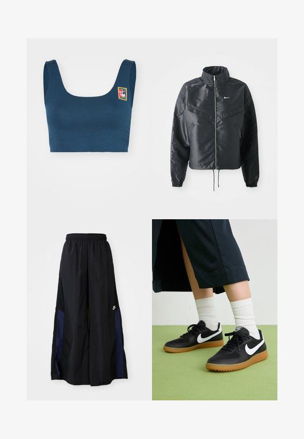 Must kolledžiga must lühike jope, millel on lukuga sulgus, elastne mansett ja valge Nike logo. Sile, läikiv kangas, millel on veidi tekstureeritud pind.; Tume teal sportbras, millel on ruudukujuline kaelus ja laiad rihmad. Vasakul küljel on väike multivärviline logo. Sile, veniv kangas.; Mustad laiad mustad püksid kergest kangast, millel on tumesinine külgpaneel ja elastne vöökoht. Väike valge logo allservas.; Mustad nahast ja sünteetilised sneekerid valge Nike logoga, kummist gumme, ümar nina ja mustad paelad. Näha ribakujulisi valgeid sokke.