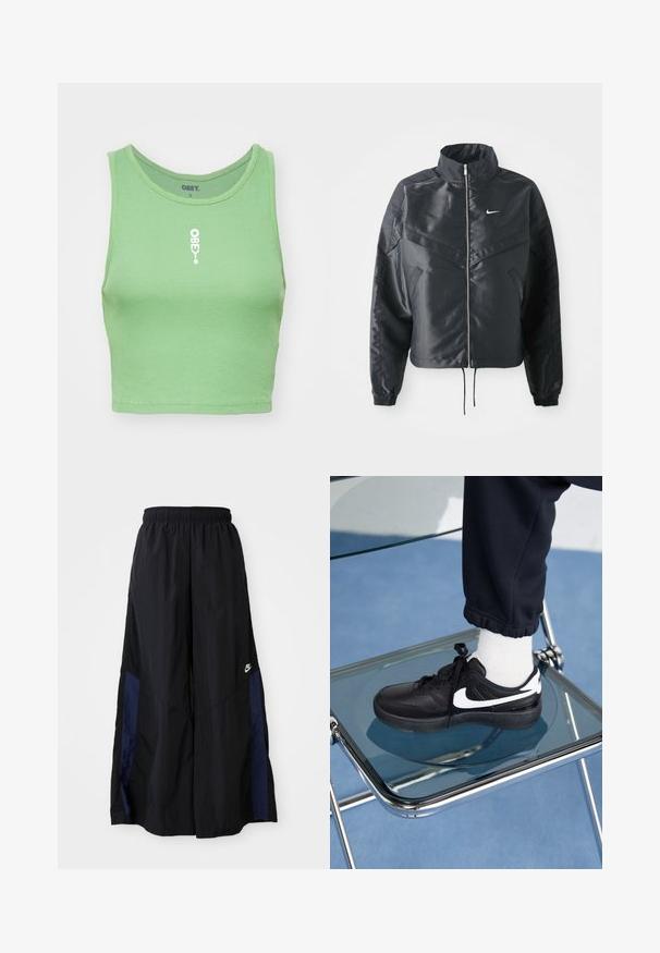 Svart kort jacka med hög krage, dragkedja, ärmslut i elastan och en vit Nike-logotyp. Slät, glänsande tyg med en något strukturerad yta.; Mörkgrön ribbad crop top med rundad krage. Har en vit "OBEY"-logotyp centrerad framtill. Tyget har en mjuk, strukturerad yta.; Svarta vida byxor gjorda av lättviktig tyg, med en marinblå sid panel och ett elastiskt midjeband. Litet vitt logotyp nertill.; Svarta Nike-sneakers med vita detaljer, med en slät läderstruktur, snörningsdesign och rund tå, placerade på en glasstol.