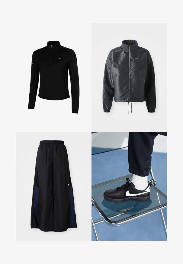 Zwarte cropped jack met hoge kraag, ritsluiting, elastische manchetten en een wit Nike-logo. Glad, glanzend materiaal met een licht gestructureerd oppervlak.; Zwarte lange mouw sporttop met een halve rits, kraag, reflecterend Nike-logo en flatlock naden voor comfort en een nauwsluitende pasvorm.; Zwarte wijdlopende broek van lichtgewicht stof, met een marineblauwe zijpaneel en een elastische tailleband. Klein wit logo onderaan.; Zwarte Nike sneakers met witte accenten, met een gladde leren textuur, vetersluiting en ronde neus, geplaatst op een glazen stoel.
