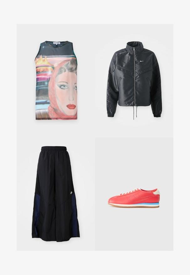 Schwarze, verkürzte Jacke mit hohem Kragen, Reißverschluss, Elastan-Ärmeln und einem weißen Nike-Logo. Glattes, glänzendes Material mit leicht strukturiertem Oberflächeneffekt.; Ärmelloses, eng anliegendes Tanktop mit einem retro Grafikdruck, der das Gesicht einer Frau und ein Vintage-Auto zeigt, in lebhaften Farben und glattem Stoff.; Schwarze weit geschnittene Hose aus leichtem Stoff, mit einem dunkelblauen Seitenpanel und einem elastischen Bund. Kleines weißes Logo am unteren Ende.; Rote Lederturnschuhe mit perforiertem Design, kontrastierender blauer Zwischensohle, beigem Absatzakzent und weißen Schnürsenkeln. Klassische, geschwungene Form.