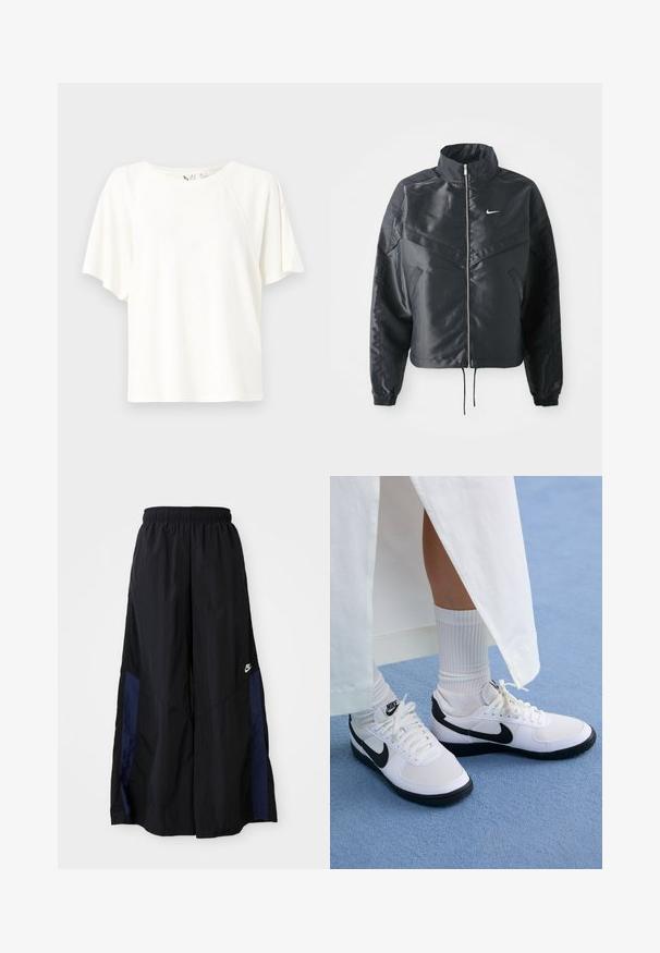 Giacca nera cropped con colletto alto, chiusura a zip, polsini in elastan e logo Nike bianco. Tessuto liscio e lucido con una superficie leggermente texturizzata.; T-shirt bianco a maniche corte realizzato in tessuto morbido, con una vestibilità rilassata, scollatura rotonda e un sottile dettaglio del logo sul petto.; Pantaloni neri a gamba larga realizzati in tessuto leggero, con un pannello laterale blu navy e una cintura elastica. Piccolo logo bianco sul fondo.; Sneaker bianche Nike con accenti neri, caratterizzate da una tomaia in pelle liscia, lacci bianchi e suole in gomma robuste, abbinate a calzini bianchi a coste.