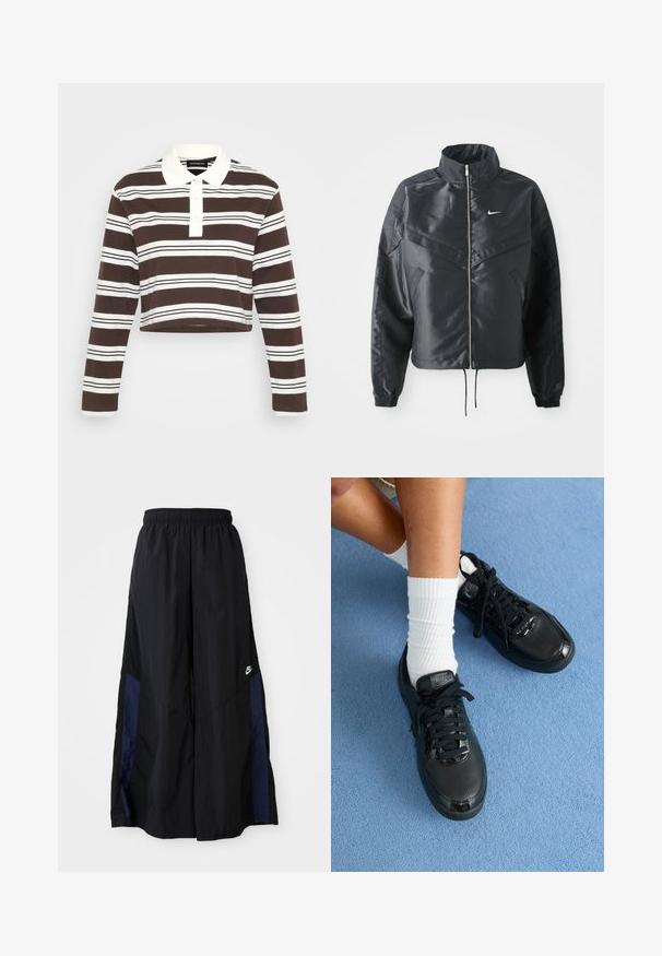 Sort cropped jakke med høj krave, lynlås lukning, elastiske manchetter og et hvidt Nike-logo. Glat, blankt stof med en let struktureret overflade.; Brun og hvid stribet langærmet polo skjorte med krave, tre-knap lukning og cropped kant. Blødt stof med horisontale striber.; Sorte vide benbukser lavet af letvægtsstof, med et marineblåt sidepanel og en elastisk talje. Lille hvidt logo nederst.; Sorte Nike sneakers har en struktureret overdel, blanke detaljer og runde snørebånd. De er parret med hvide ribbede sokker på en lyseblå overflade.