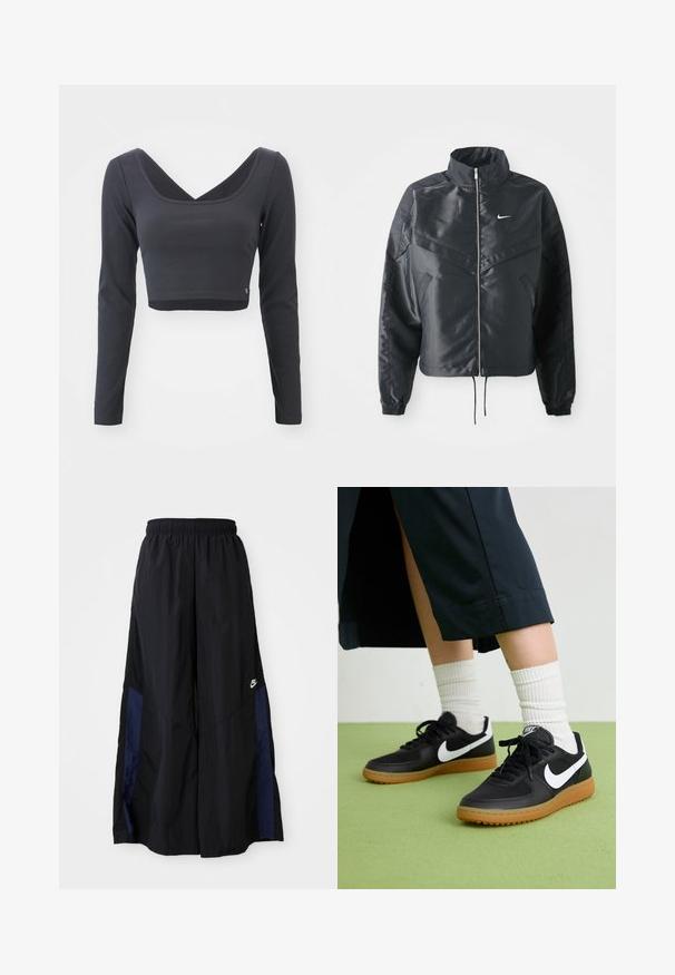 Črna skrajšana jakna z visokim ovratnikom, zadrgo, elastan rokavi in belim logotipom Nike. Gladek, sijoč material z rahlo teksturirano površino.; Dolgi rokavi, skrajšan top v temno sivi rebrasti tkanini. Ima globok V-izrez in enotno barvo z majhnim logotipom na robu.; Črne široke hlače iz lahkega materiala, z morsko modrim stranskim panelom in elastičnim pasom. Majhna bela oznaka na dnu.; Črne usnjene in sintetične superge z belim Nike swooshom, gumo na podplatu, okroglo konico ter črnimi vezalkami. Vidne so rebraste bele nogavice.