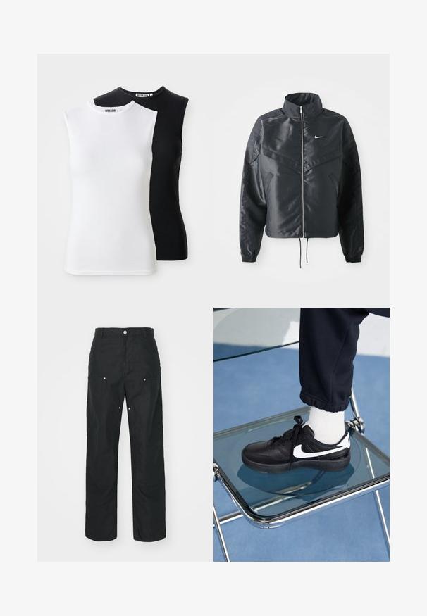 Schwarze, verkürzte Jacke mit hohem Kragen, Reißverschluss, Elastan-Ärmeln und einem weißen Nike-Logo. Glattes, glänzendes Material mit leicht strukturiertem Oberflächeneffekt.; Zwei ärmellose, gerippte Tops in Weiß und Schwarz. Mit einem hohen Kragen und einem figurbetonten Design. Der Stoff ist weich und dehnbar. Markenlabel sichtbar.; Schwarze Hose mit geradem Bein, aus einem strukturierten Stoff. Verfügt über dekorative silberne Hardware und einzigartige Nahtdetails.; Schwarze Nike-Sneaker mit weißen Akzenten, die über eine glatte Ledertextur, ein Schnürdesign und eine abgerundete Zehenform verfügen, platziert auf einem Glasstuhl.