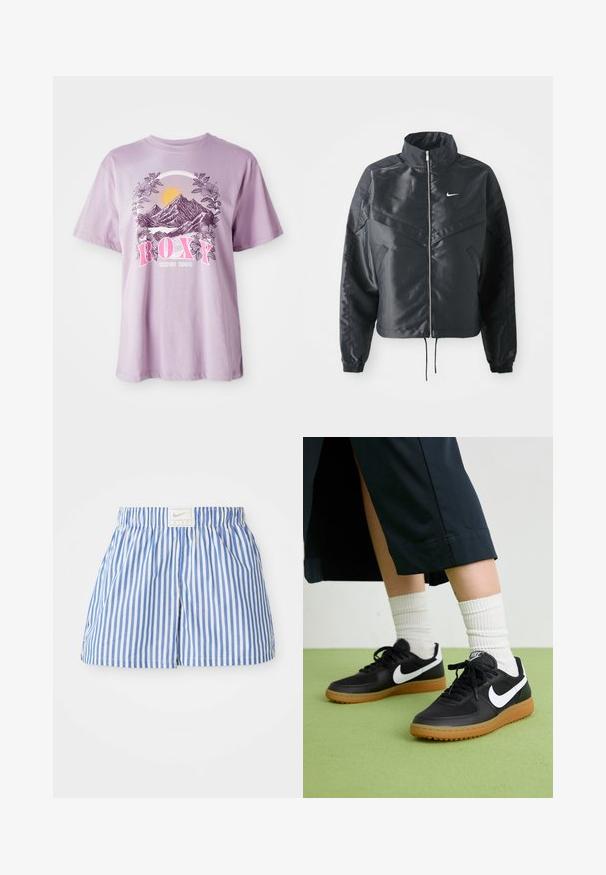 Mustat lyhyet takit, joissa on korkea kaulus, vetoketjukiinnitys, elastaanista valmistetut hihan suut ja valkoinen Nike-logo. Sileä, kiiltävä kangas, jossa on hieman tekstuuria.; Vaaleanlila T-paita, joka on valmistettu puuvillasta. Siinä on graafinen kuva vuorista, auringosta ja kasvillisuudesta. Brändin nimi "ROXY" on erottuvasti esillä vaaleanpunaisena.; Siniset ja valkoiset raidalliset shortsit, joissa on joustava vyötärö ja Nike-logolla varustettu etiketti. Valmistettu kevyestä, sileästä kankaasta.; Mustat nahka- ja synteettiset urheilukengät, joissa on valkoinen Nike-merkki, kuminen pohja, pyöreä kärki ja mustat nauhat. Raitapintaiset valkoiset sukat näkyvissä.