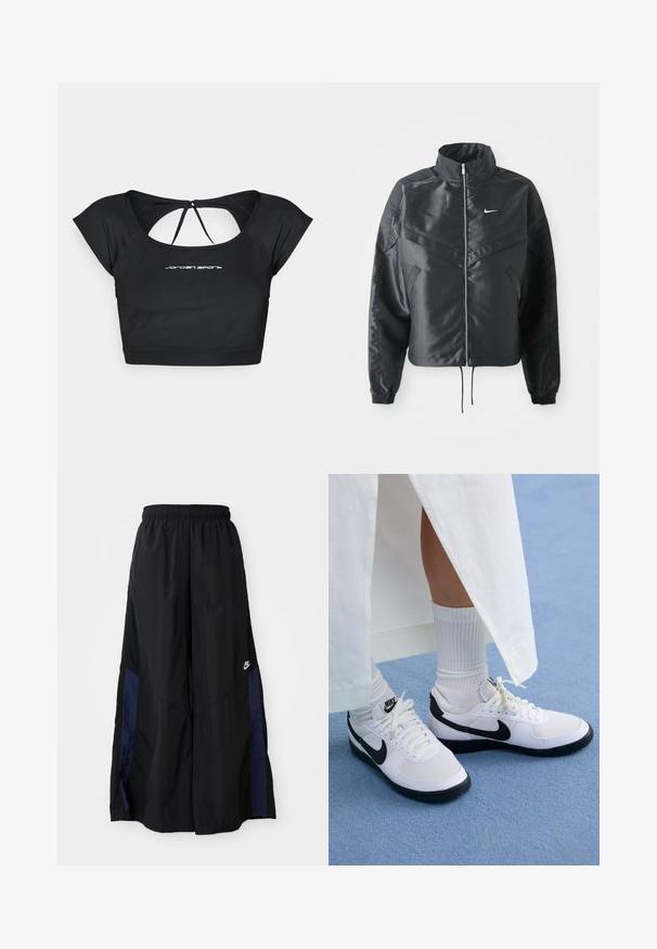 Casaco preto curto com colarinho alto, fecho de zip, punhos em elastano e um logótipo Nike branco. Tecido suave e brilhante com uma superfície ligeiramente texturizada.; Top atlético preto cortado com mangas em copo, recorte nas costas e cordão. Apresenta o logo "Jordan Sport" em branco na frente.; Calças largas pretas feitas de tecido leve, com um painel lateral azul-marinho e cintura elástica. Pequeno logótipo branco na parte inferior.; Ténis brancos da Nike com detalhes pretos, apresentando um cabedal em pele lisa, atacadores brancos e solas de borracha resistentes, combinados com meias brancas com textura ribada.