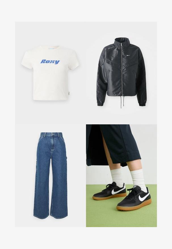 Casaco preto curto com colarinho alto, fecho de zip, punhos em elastano e um logótipo Nike branco. Tecido suave e brilhante com uma superfície ligeiramente texturizada.; Camiseta de algodão branca com gola redonda, apresentando um grande logótipo azul "Roxy" impresso no peito. Mangas curtas, ajuste regular.; Calças de ganga azuis de perna larga com cintura alta, costuras em contraste e bolsos laterais, apresentando um design clássico de cinco bolsos e bainhas desfiadas.; Sapatilhas pretas em couro e sintético com o logo da Nike em branco, sola de borracha tipo goma, bico redondo e atacadores pretos. Meias brancas com frunces visíveis.