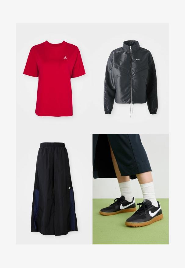 Schwarze, verkürzte Jacke mit hohem Kragen, Reißverschluss, Elastan-Ärmeln und einem weißen Nike-Logo. Glattes, glänzendes Material mit leicht strukturiertem Oberflächeneffekt.; Rotes Baumwoll-T-Shirt mit kurzen Ärmeln und Rundhalsausschnitt, mit einem weißen Jordan-Logo, das auf der linken Brust gestickt ist. Glatte Textur.; Schwarze weit geschnittene Hose aus leichtem Stoff, mit einem dunkelblauen Seitenpanel und einem elastischen Bund. Kleines weißes Logo am unteren Ende.; Schwarze Leder- und synthetische Sneakers mit weißem Nike-Swoosh, Gummisohle, runder Spitze und schwarzen Schnürsenkeln. Gestreifte weiße Socken sind sichtbar.