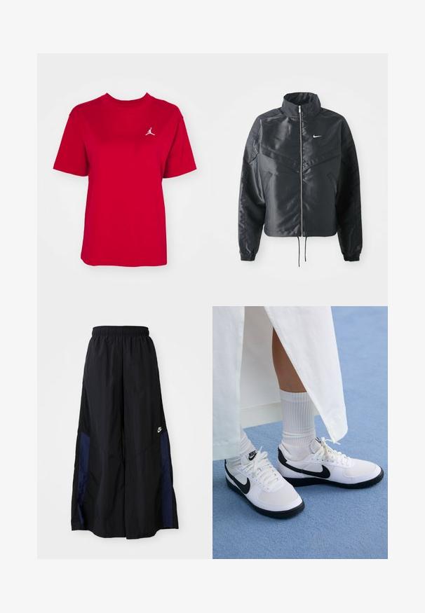 Črna skrajšana jakna z visokim ovratnikom, zadrgo, elastan rokavi in belim logotipom Nike. Gladek, sijoč material z rahlo teksturirano površino.; Rdeča bombažna majica s kratkimi rokavi, okrog lim, z belo izvezeno Jordanovo logo na levem prsnem delu. Gladka tekstura.; Črne široke hlače iz lahkega materiala, z morsko modrim stranskim panelom in elastičnim pasom. Majhna bela oznaka na dnu.; Bele superge Nike v belem z črnimi detajli, z gladkim usnjenim zgornjim delom, belimi vezalkami in trdnimi gumijastimi podplati, v kombinaciji z belimi rebrastimi nogavicami.