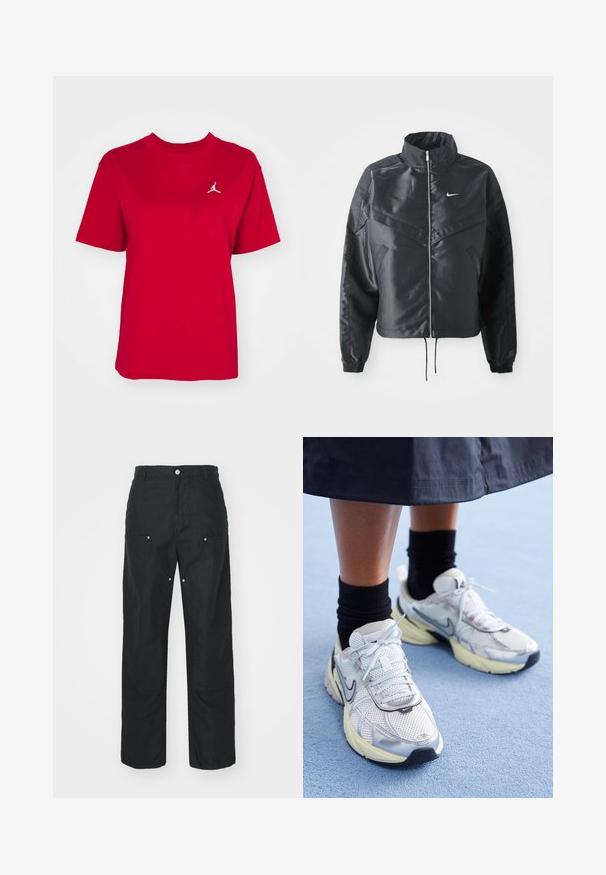 Svart cropped jakke med høy krage, glidelåsåpning, elastiske mansjetter og en hvit Nike-logo. Glatt, shiny stoff med en lett teksturert overflate.; Rød bomull t-skjorte med korte ermer, rund hals, med en hvit Jordan-logo brodert på venstre bryst. Glatt tekstur.; Svarte bukser med rett ben-design, laget av et strukturert stoff. Har dekorativt sølvtilbehør og unike sømdetaljer.; Hvite og sølv Nike-sneakers med mesh-stoff, reflekterende detaljer, og en beige såle. Brukt med svarte sokker, stående på en blå overflate.
