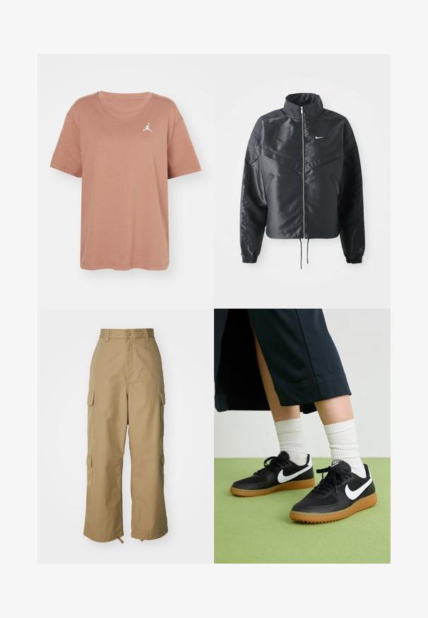 Crna kratka jakna s visokim ovratnikom, zatvaranjem na patentni zatvarač, elastinim rukavima i bijelim Nike logom. Glatka, sjajna tkanina s lagano teksturiranom površinom.; Jordan TEE - Osnovna majica kratkih rukava - archaeo brown/(white); Bež cargo hlače visokog struka, širokih nogavica i četiri velika bočna džepa. Napravljene su od izdržljivog materijala s glatkom teksturom i minimalnim detaljima.; Crne kožne i sintetičke tenisice s bijelim Nike swooshom, gumeni potplat, okrugli vrh i crne vezice. Vidljive rebraste bijele čarape.