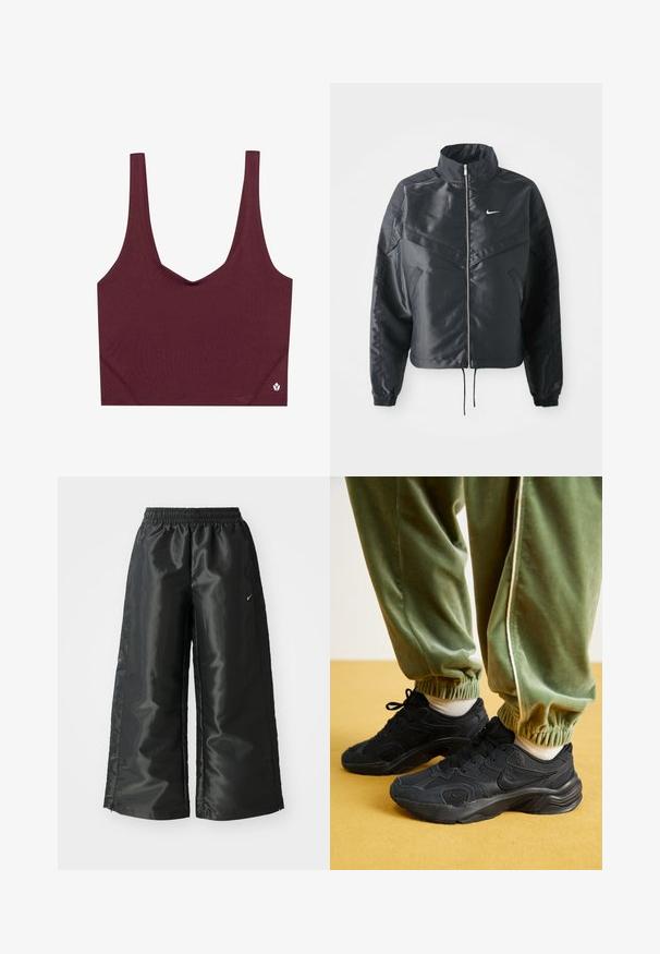 Juoda trumpa striukė su aukštu coloru, užtrauktuku, elastaniniu rankogaliu ir balta Nike logotipu. Lygus, blizgus audinys su šiek tiek tekstūruotu paviršiumi.; Burgundi sportinė liemenėlė su V formos iškirpte, pagaminta iš sklandaus audinio. Savybės: plačios petnešos ir mažas logotipas apatinėje dešinėje pusėje.; Juodi sportiniai džinsai su blizgia, lygaus audinio medžiaga, turintys elastingą juosmenį, plačias kojų dalis ir mažą logotipą kairėje pusėje.; Juodos sportinės kedai su tinkliuko ir sintetiniais atšvaitais, tekstūruotu padu, derinami su žaliais, su elastiniu rankogaliu sportiniais kelniais, ant geltono paviršiaus.