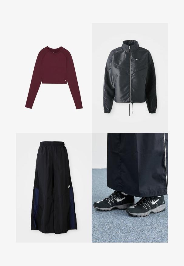 Black cropped jacket with high collar, zip closure, elastane cuffs, and a white Nike logo. Smooth, shiny fabric with a slightly textured surface.; Burgundy long-sleeve cropped top with a round neckline, fitted design, and minimal branding detail at the hem. Smooth texture and stretchy fabric.; Black wide-leg pants made of lightweight fabric, featuring a navy blue side panel and an elastic waistband. Small white logo on bottom.; Black athletic shoes with a textured upper, silver accents, and a patterned outsole, paired with a black long garment. Set against blue carpet.