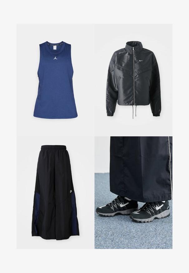 Czarna krótka kurtka z wysokim kołnierzem, zamek błyskawiczny, ściągacze z elastanu i białe logo Nike. Gładki, błyszczący materiał o lekko teksturowanej powierzchni.; Jordan - Top; Czarne spodnie szerokie wykonane z lekkiego materiału, z granatowym bocznym panelem i elastycznym paskiem w talii. Małe białe logo na dole.; Czarne buty sportowe z teksturowaną cholewką, srebrnymi akcentami i wzorzystą podeszwą, w połączeniu z czarną długą odzieżą. Na tle niebieskiego dywanu.