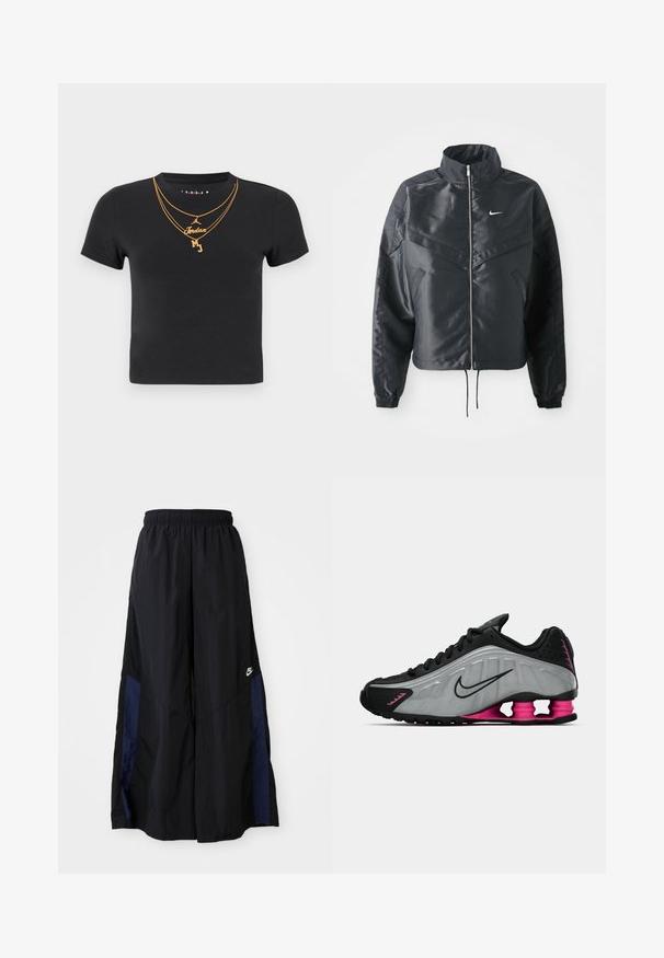 Jachetă croppată neagră cu guler înalt, închidere cu fermoar, manșete din elastan și un logo alb Nike. Material neted, lucios, cu o suprafață ușor texturată.; Tricou negru din bumbac cu guler rotund, mânici scurte și desene cu lănțișoare aurii, embellisate cu textul "Jordan" și "MJ".; Pantaloni negri cu croi larg, confecționați dintr-un material ușor, având un panou lateral albastru marin și un brâu elastic. Logo mic alb în partea de jos.; Pantofii de alergare Nike negri și gri, cu toc roz asemănător unei spring-uri și șireturi negre, prezentati din partea interioară pe un fundal alb.