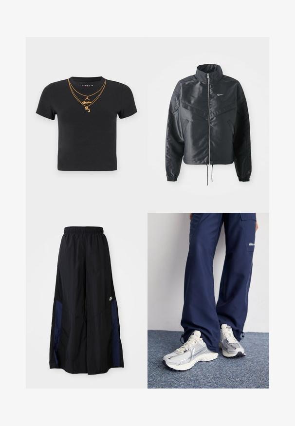 Crna kratka jakna s visokim ovratnikom, zatvaranjem na patentni zatvarač, elastinim rukavima i bijelim Nike logom. Glatka, sjajna tkanina s lagano teksturiranom površinom.; Crna pamučna majica s okruglim izrezom, kratkim rukavima i zlatnim motivima lanaca s natpisima "Jordan" i "MJ".; Crne hlače širokih nogavica izrađene od lagane tkanine, sa tamnoplavim bočnim panelom i elastičnom stražnjom trakom. Mali bijeli logo je na dnu.; Nike atletske tenisice sa srebrnom mrežom, bijelim naglascima i strukturiranim potplatima, u kombinaciji s širokim tamnoplavim hlačama.