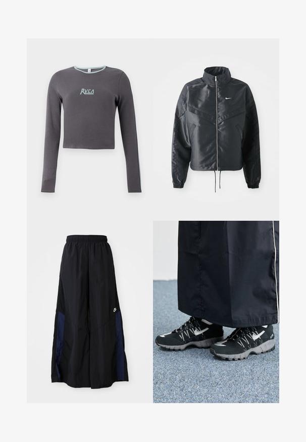 Black cropped jacket with high collar, zip closure, elastane cuffs, and a white Nike logo. Smooth, shiny fabric with a slightly textured surface.; Gray long-sleeve cropped top with a ribbed texture, featuring a light blue neckline and side accents, and an embroidered logo on the chest.; Black wide-leg pants made of lightweight fabric, featuring a navy blue side panel and an elastic waistband. Small white logo on bottom.; Black athletic shoes with a textured upper, silver accents, and a patterned outsole, paired with a black long garment. Set against blue carpet.