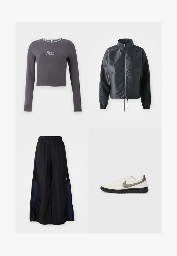 Sort cropped jakke med høj krave, lynlås lukning, elastiske manchetter og et hvidt Nike-logo. Glat, blankt stof med en let struktureret overflade.; Grå langærmet cropped top med ribbet tekstur, der har en lyseblå halsudskæring og sideaccenter samt et broderet logo på brystet.; Sorte vide benbukser lavet af letvægtsstof, med et marineblåt sidepanel og en elastisk talje. Lille hvidt logo nederst.; Nike Sportswear FIELD GENERAL - Sneakers - off-white/black