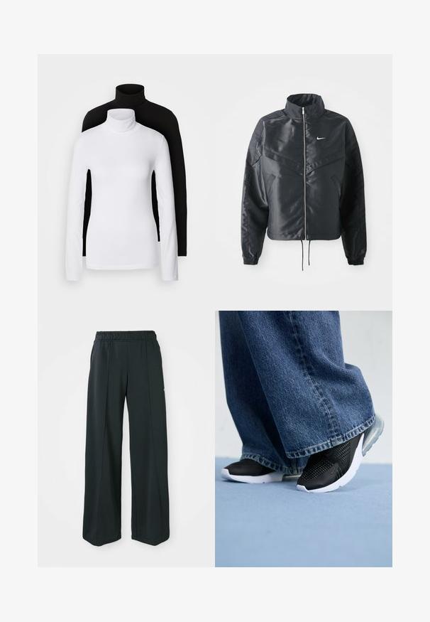 Zwarte cropped jack met hoge kraag, ritsluiting, elastische manchetten en een wit Nike-logo. Glad, glanzend materiaal met een licht gestructureerd oppervlak.; Twee lange mouwen turtleneck tops, één wit en één zwart, gemaakt van een gladde, rekbare stof, beide met een slank passend ontwerp en hoge kraag.; Zwarte, wijde sportbroek met een elastische tailleband. Gemaakt van gladde, rekbare stof, met subtiele voornaden en zonder zakken.; Zwarte sportschoenen met netdetails, witte zool en zichtbare luchtvering, gecombineerd met blauwe denim wijde jeans.