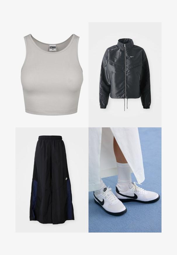 Czarna krótka kurtka z wysokim kołnierzem, zamek błyskawiczny, ściągacze z elastanu i białe logo Nike. Gładki, błyszczący materiał o lekko teksturowanej powierzchni.; Jasnoszary, prążkowany crop top z okrągłym dekoltem i szerokimi ramiączkami, wykonany z elastycznego materiału. Na środku znajduje się etykieta Urban Classics.; Czarne spodnie szerokie wykonane z lekkiego materiału, z granatowym bocznym panelem i elastycznym paskiem w talii. Małe białe logo na dole.; Białe sneakersy Nike z czarnymi akcentami, z górą z gładkiej skóry, białymi sznurowadłami i solidną gumową podeszwą, zestawione z białymi skarpetkami w prążki.