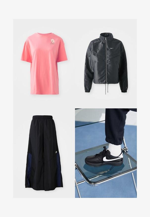 Mustat lyhyet takit, joissa on korkea kaulus, vetoketjukiinnitys, elastaanista valmistetut hihan suut ja valkoinen Nike-logo. Sileä, kiiltävä kangas, jossa on hieman tekstuuria.; Lyhythihainen, korallinpinkki t-paita, joka on valmistettu puuvillasta ja jossa on pyöreä kaula-aukko. Paitassa on pieni valkoinen logo vasemmassa ylärintataskussa.; Musta leveälahkeinen housu, joka on valmistettu kevyestä kankaasta. Housuissa on tummansininen sivupaneeli ja joustava vyötärö. Alhaalla on pieni valkoinen logo.; Mustat Nike-tennarit valkoisilla yksityiskohdilla, joissa on sileä nahkapinta, nauhakiinnitys ja pyöreä varvas, aseteltuna lasituolille.