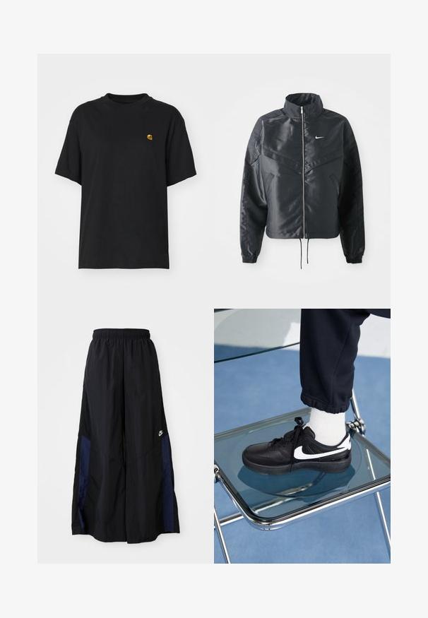 Zwarte cropped jack met hoge kraag, ritsluiting, elastische manchetten en een wit Nike-logo. Glad, glanzend materiaal met een licht gestructureerd oppervlak.; Zwarte katoenen t-shirt met een relaxte pasvorm. Heeft een ronde hals en korte mouwen. Bevat een klein goud geborduurd logo op de borst.; Zwarte wijdlopende broek van lichtgewicht stof, met een marineblauwe zijpaneel en een elastische tailleband. Klein wit logo onderaan.; Zwarte Nike sneakers met witte accenten, met een gladde leren textuur, vetersluiting en ronde neus, geplaatst op een glazen stoel.