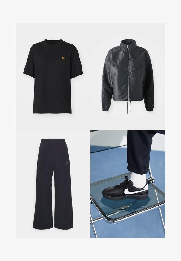 Chaqueta negra corta con cuello alto, cierre de cremallera, puños de elastano y un logo de Nike en blanco. Tejido suave y brillante con una superficie ligeramente texturizada.; Camiseta de algodón negra con un corte relajado. Presenta un cuello redondo y mangas cortas. Incluye un pequeño logotipo bordado en dorado en el pecho.; Pantalones de pierna ancha negros con una cintura elástica y un pequeño logo blanco de Nike. La tela tiene una textura suave, diseñada para la comodidad y el uso casual.; Zapatillas Nike negras con acentos blancos, con una textura de cuero suave, diseño de cordones y punta redondeada, colocadas sobre una silla de cristal.