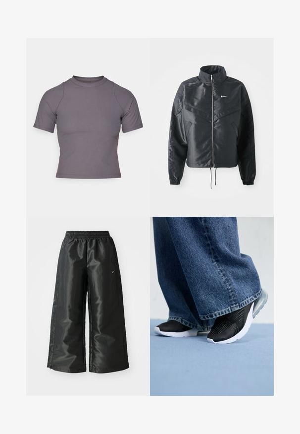 Crna kratka jakna s visokim ovratnikom, zatvaranjem na patentni zatvarač, elastinim rukavima i bijelim Nike logom. Glatka, sjajna tkanina s lagano teksturiranom površinom.; Majica kratkih rukava s visokim ovratnikom od rebrastog, sivog materijala. Prilagođeni dizajn s ravnim šavovima i glatkom teksturom. Nema uzoraka niti grafika.; Crne sportske hlače od sjajnoga, glatkog materijala, s elastičnim pojasom, širokim nogavicama i malim logom na lijevoj strani.; Crne atletske tenisice s mrežastim detaljima, bijelom potplatom i vidljivim zračnim jastučićima, uparene s plavim trapericama širokih nogavica.