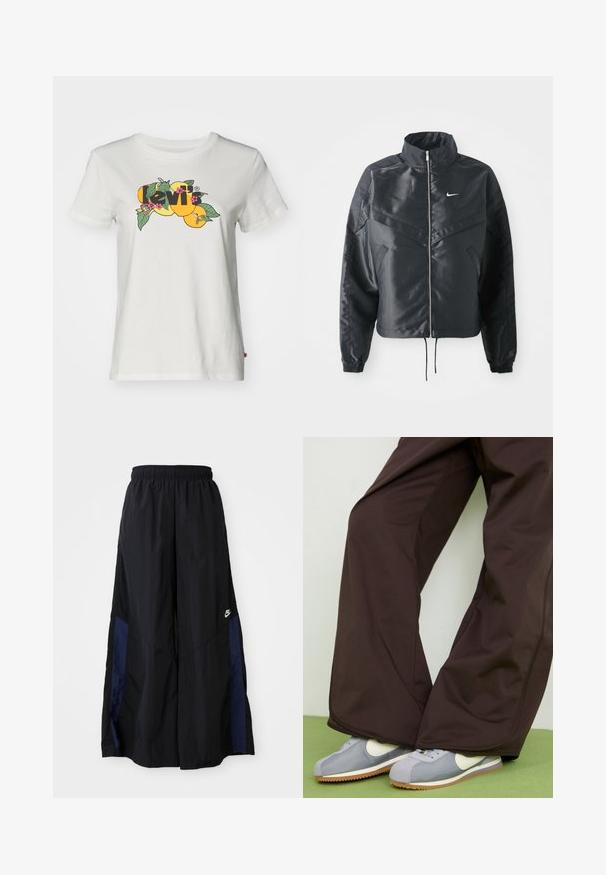 Jachetă croppată neagră cu guler înalt, închidere cu fermoar, manșete din elastan și un logo alb Nike. Material neted, lucios, cu o suprafață ușor texturată.; Levi's® Tricou cu imprimeu - cloud dancer; Pantaloni negri cu croi larg, confecționați dintr-un material ușor, având un panou lateral albastru marin și un brâu elastic. Logo mic alb în partea de jos.; Pantaloni maro cu croi larg, cu textură netedă și detalii pe cusătura laterală, asortați cu adidași retro gri și alb, cu talpă din cauciuc.