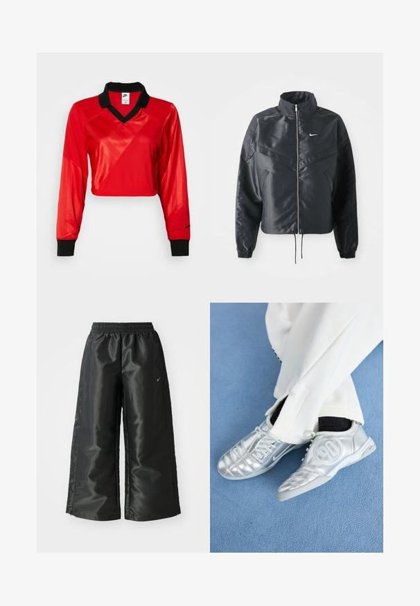 Melna apgriezta jaka ar augstu apkakli, rāvējslēdzēja aizdari, elastīna aprocēm un baltu Nike logo. Gluda, spīdīga auduma ar nedaudz teksturētu virsmu.; Sarkans īsais sporta tops ar melnu apkakli, garām piedurknēm, ar teksturētu rakstu un Nike logo uz piedurknes. Gluda un spīdīga auduma.; Melnas sporta bikses ar spīdīgu, gludu audumu, aprīkotas ar elastīgu jostu, platām kājām un mazu logotipu kreisajā pusē.; Sudraba sporta apavi ar gludu, spīdīgu apdari, ar šūtu dizainu un numuru 90 sānos, apvienoti ar baltām biksēm.