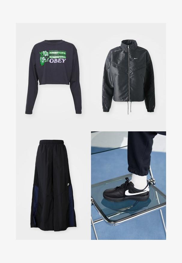Zwarte cropped jack met hoge kraag, ritsluiting, elastische manchetten en een wit Nike-logo. Glad, glanzend materiaal met een licht gestructureerd oppervlak.; Zwarte cropped longsleeve met groene en paarse tekst "Alles wat ik heb geleerd... over het leven heb ik geleerd van het groeien OBEY," met bloemenaccenten.; Zwarte wijdlopende broek van lichtgewicht stof, met een marineblauwe zijpaneel en een elastische tailleband. Klein wit logo onderaan.; Zwarte Nike sneakers met witte accenten, met een gladde leren textuur, vetersluiting en ronde neus, geplaatst op een glazen stoel.