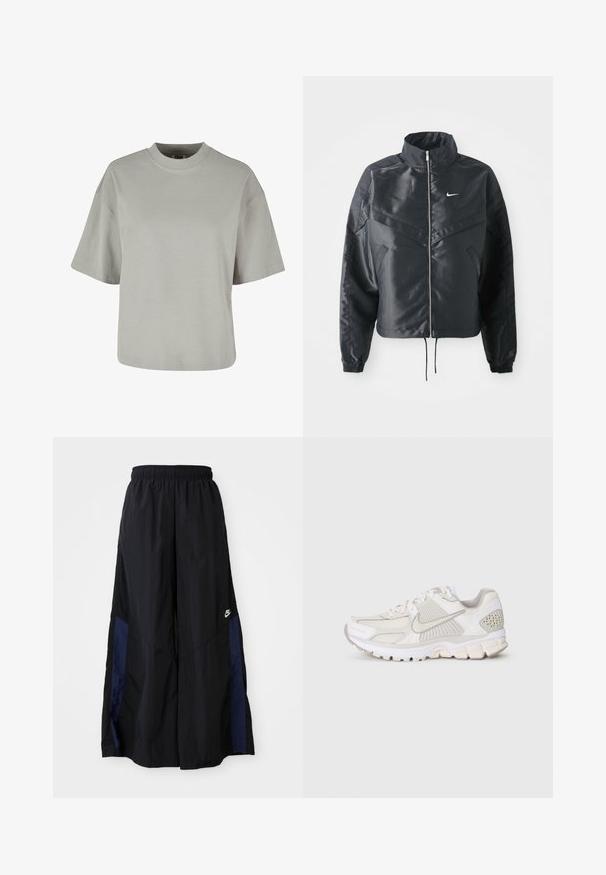 Melna apgriezta jaka ar augstu apkakli, rāvējslēdzēja aizdari, elastīna aprocēm un baltu Nike logo. Gluda, spīdīga auduma ar nedaudz teksturētu virsmu.; Pelēks īsās piedurknes T-krekls ar apaļu kakla izgriezumu, izgatavots no mīkstas kokvilnas auduma, ar brīvu piegriezumu un minimālu šuvju detaļu.; Melni plata kāju bikses no viegla auduma, ar tumši zilu sānu paneli un elastīgu jostu. Mazs balts logotips apakšā.; Biežņu sporta apavi ar sietu un sintētiskām materiālām. Piedāvā teksturētu dizainu, mīkstu apkakli un ģeometriskus akcentus uz papēža.