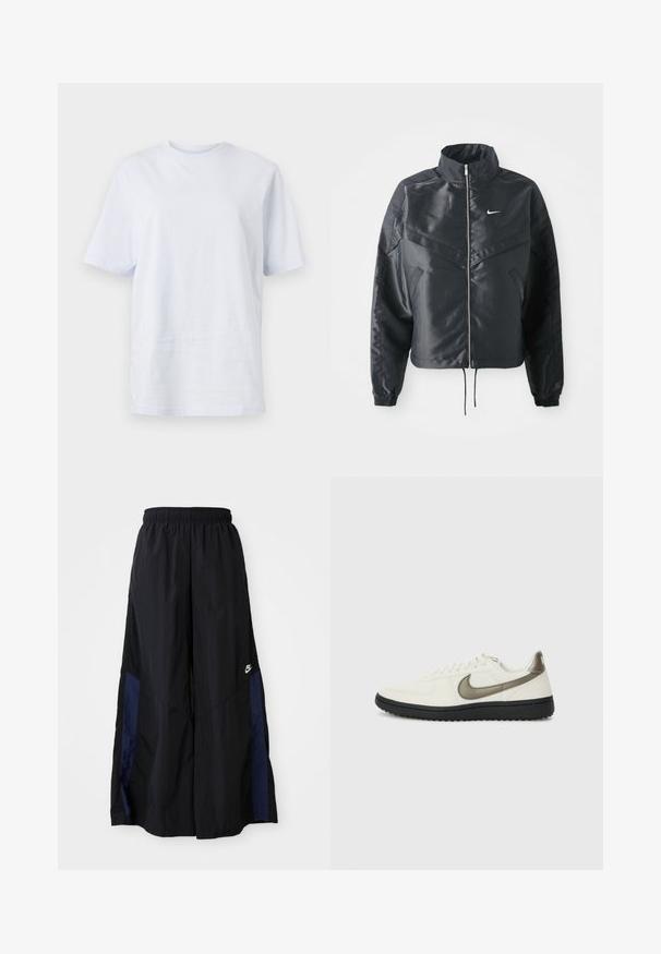 Črna skrajšana jakna z visokim ovratnikom, zadrgo, elastan rokavi in belim logotipom Nike. Gladek, sijoč material z rahlo teksturirano površino.; Bela bombažna majica s kratkimi rokavi, okroglo izrezana in z majhnim logotipom blizu ovratnika. Gladka tekstura, ohlapen kroj.; Črne široke hlače iz lahkega materiala, z morsko modrim stranskim panelom in elastičnim pasom. Majhna bela oznaka na dnu.; Nike Sportswear FIELD GENERAL - Športni copati - off-white/black