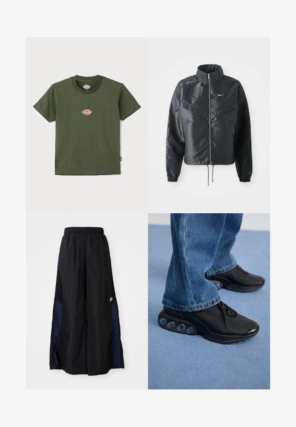 Černá zkrácená bunda s vysokým límcem, zipovým zapínáním, elastickými manžetami a bílým logem Nike. Hladká, lesklá látka s mírně strukturovaným povrchem.; Olivově zelené bavlněné tričko s kulatým výstřihem a krátkými rukávy. Na hrudi má vícebarevnou nášivku s logem. Hladká textura.; Černé kalhoty širokého střihu vyrobené z lehkého materiálu, s námořnickou modrou bočním panelem a elastickým pasem. Malé bílé logo na spodní části.; Černé sportovní tenisky s síťovaným svrškem, texturovanými akcenty a viditelnými vzduchovými polštářky v podešvi. Nosené s modrými denimovými džíny.