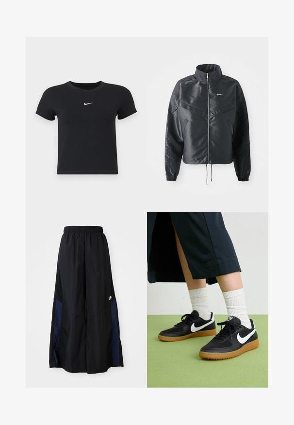 Svart cropped jakke med høy krage, glidelåsåpning, elastiske mansjetter og en hvit Nike-logo. Glatt, shiny stoff med en lett teksturert overflate.; Svart T-skjorte med kort arm laget av bomull med rund hals. Har en hvit Nike-logo på brystet, minimalistisk design og tettsittende fasong.; Svarte vide bukser laget av lett stoff, med et marineblått sidestykke og elastisk midjebånd. Liten hvit logo nederst.; Sorte lær- og syntetiske joggesko med hvit Nike swoosh, gummisåle, rund tå og sorte lisser. Ribbet hvite sokker synlige.