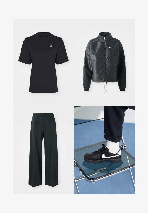 Svart kort jacka med hög krage, dragkedja, ärmslut i elastan och en vit Nike-logotyp. Slät, glänsande tyg med en något strukturerad yta.; Svart bomulls t-shirt med rund hals och korta ärmar. Har en vit Jumpman-logotyp på vänster bröst. Slät textur, vanlig passform.; Svarta, vida idrottsbyxor med resårmidja. Tillverkade av ett slätt, stretchigt tyg som har diskreta framsömmar och inga fickor.; Svarta Nike-sneakers med vita detaljer, med en slät läderstruktur, snörningsdesign och rund tå, placerade på en glasstol.