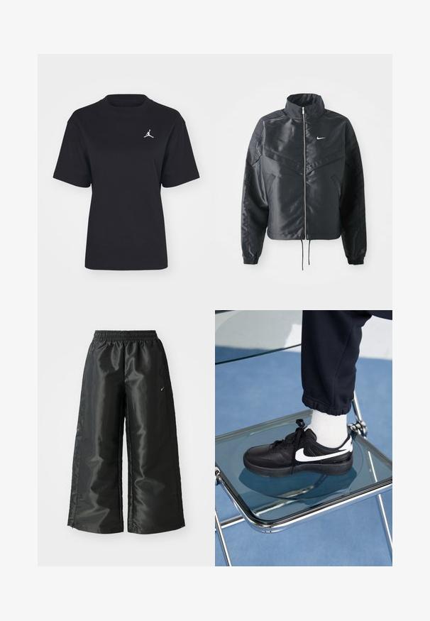 Černá zkrácená bunda s vysokým límcem, zipovým zapínáním, elastickými manžetami a bílým logem Nike. Hladká, lesklá látka s mírně strukturovaným povrchem.; Černé bavlněné tričko s kulatým výstřihem a krátkými rukávy. Na levé straně hrudi se nachází bílé logo Jumpman. Hladká textura, standardní střih.; Černé sportovní kalhoty z lesklé, hladké látky, s elastickým páskem, širokými nohavicemi a malým logem na levé straně.; Černé tenisky Nike s bílými akcenty, s hladkou koženou texturou, šněrovacím designem a zaoblenou špičkou, umístěné na skleněné židli.