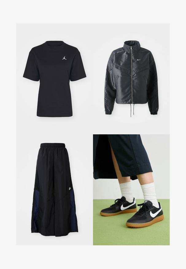 Schwarze, verkürzte Jacke mit hohem Kragen, Reißverschluss, Elastan-Ärmeln und einem weißen Nike-Logo. Glattes, glänzendes Material mit leicht strukturiertem Oberflächeneffekt.; Schwarzes Baumwoll-T-Shirt mit Rundhals und kurzen Ärmeln. Mit einem weißen Jumpman-Logo auf der linken Brust. Weiche Textur, normale Passform.; Schwarze weit geschnittene Hose aus leichtem Stoff, mit einem dunkelblauen Seitenpanel und einem elastischen Bund. Kleines weißes Logo am unteren Ende.; Schwarze Leder- und synthetische Sneakers mit weißem Nike-Swoosh, Gummisohle, runder Spitze und schwarzen Schnürsenkeln. Gestreifte weiße Socken sind sichtbar.