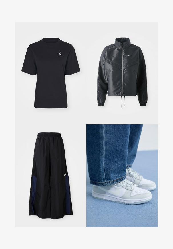 Veste noire courte avec col haut, fermeture éclair, poignets en élasthanne et logo Nike blanc. Tissu lisse et brillant avec une surface légèrement texturée.; T-shirt en coton noir à col rond et manches courtes. Avec un logo Jumpman blanc sur la poitrine gauche. Texture lisse, coupe classique.; Pantalons larges noirs en tissu léger, avec un panneau latéral bleu marine et une taille élastique. Petit logo blanc en bas.; Baskets Nike en cuir blanc et gris clair avec un embout perforé, lacets plats et semelle en caoutchouc, accompagnées de jeans en denim bleu.