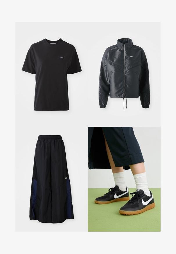 Schwarze, verkürzte Jacke mit hohem Kragen, Reißverschluss, Elastan-Ärmeln und einem weißen Nike-Logo. Glattes, glänzendes Material mit leicht strukturiertem Oberflächeneffekt.; Schwarzes Baumwoll-T-Shirt mit Rundhalsausschnitt, kurzen Ärmeln und einem kleinen herzförmigen Logo in der oberen linken Ecke. Glatte Textur, lockere Passform.; Schwarze weit geschnittene Hose aus leichtem Stoff, mit einem dunkelblauen Seitenpanel und einem elastischen Bund. Kleines weißes Logo am unteren Ende.; Schwarze Leder- und synthetische Sneakers mit weißem Nike-Swoosh, Gummisohle, runder Spitze und schwarzen Schnürsenkeln. Gestreifte weiße Socken sind sichtbar.