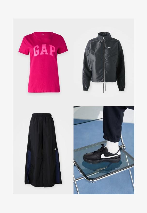 Schwarze, verkürzte Jacke mit hohem Kragen, Reißverschluss, Elastan-Ärmeln und einem weißen Nike-Logo. Glattes, glänzendes Material mit leicht strukturiertem Oberflächeneffekt.; GAP TEE - T-Shirt print - bright beet; Schwarze weit geschnittene Hose aus leichtem Stoff, mit einem dunkelblauen Seitenpanel und einem elastischen Bund. Kleines weißes Logo am unteren Ende.; Schwarze Nike-Sneaker mit weißen Akzenten, die über eine glatte Ledertextur, ein Schnürdesign und eine abgerundete Zehenform verfügen, platziert auf einem Glasstuhl.