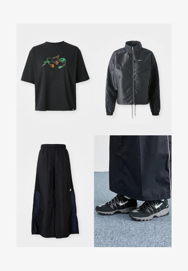 Black cropped jacket with high collar, zip closure, elastane cuffs, and a white Nike logo. Smooth, shiny fabric with a slightly textured surface.; Black cotton t-shirt with a relaxed fit. Features a colorful graphic design in green and orange on the front. Short sleeves, crew neck.; Black wide-leg pants made of lightweight fabric, featuring a navy blue side panel and an elastic waistband. Small white logo on bottom.; Black athletic shoes with a textured upper, silver accents, and a patterned outsole, paired with a black long garment. Set against blue carpet.