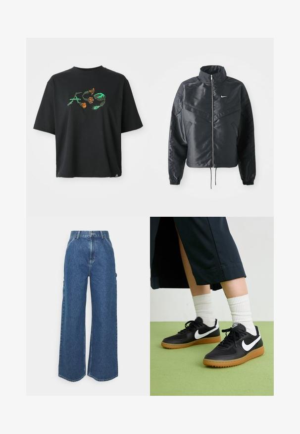 Melna apgriezta jaka ar augstu apkakli, rāvējslēdzēja aizdari, elastīna aprocēm un baltu Nike logo. Gluda, spīdīga auduma ar nedaudz teksturētu virsmu.; Melna kokvilnas t-krekls ar brīvu piegriezumu. Priekšpusē ir krāsains grafiskais dizains zaļā un oranžā krāsā. Īsās piedurknes, apaļais izgriezums.; Platleņķa zili džinsi ar augstu jostasvietu, kontrastējošām šuvēm un sānu kabatām, ar klasisku piecu kabatu dizainu un neapstrādātiem malām.; Melna āda un sintētiska materiāla sporta apavi ar baltu Nike logo, gumijas zole, apaļa purngala forma un melni šņores. Redzamas ribotas baltas zeķes.